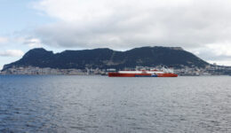 LNG Tanker Rias Baixas Knutsen and the Bunkering Tanker Hercules 400 are seen anchored in front of the Rock of Gibraltar, near Algeciras