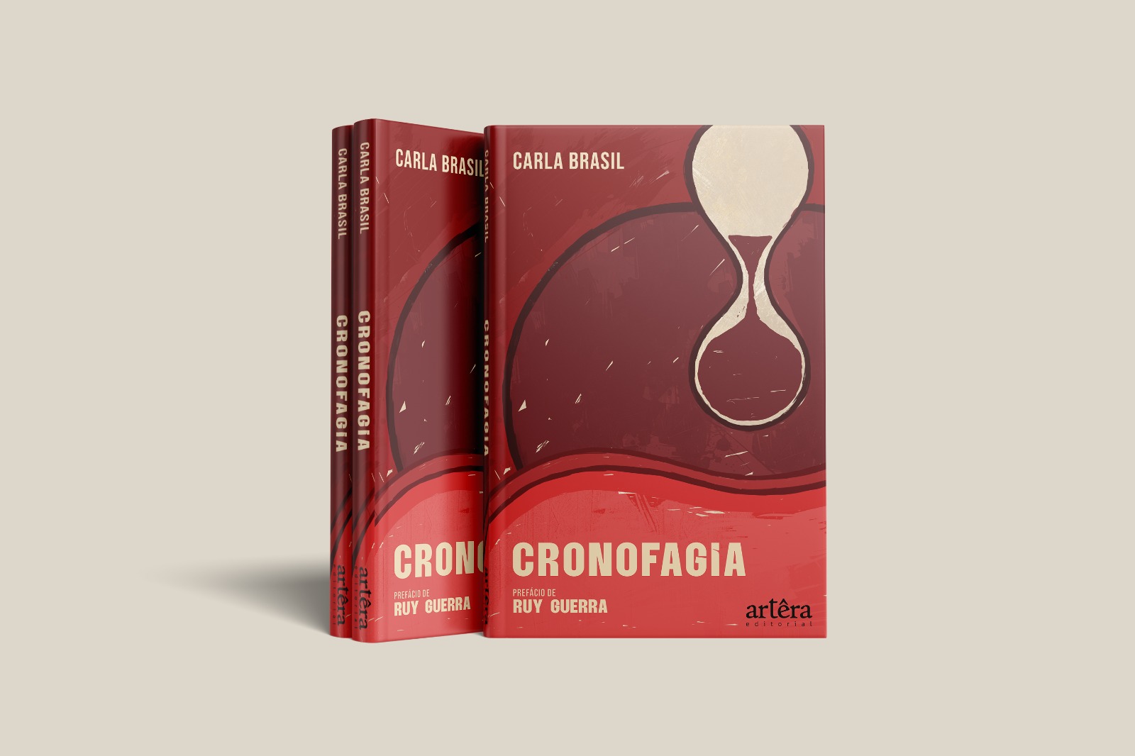 Capa do livro de estreia Ruy Guerra. O livro tem uma ampulheta e um fundo vermelho.