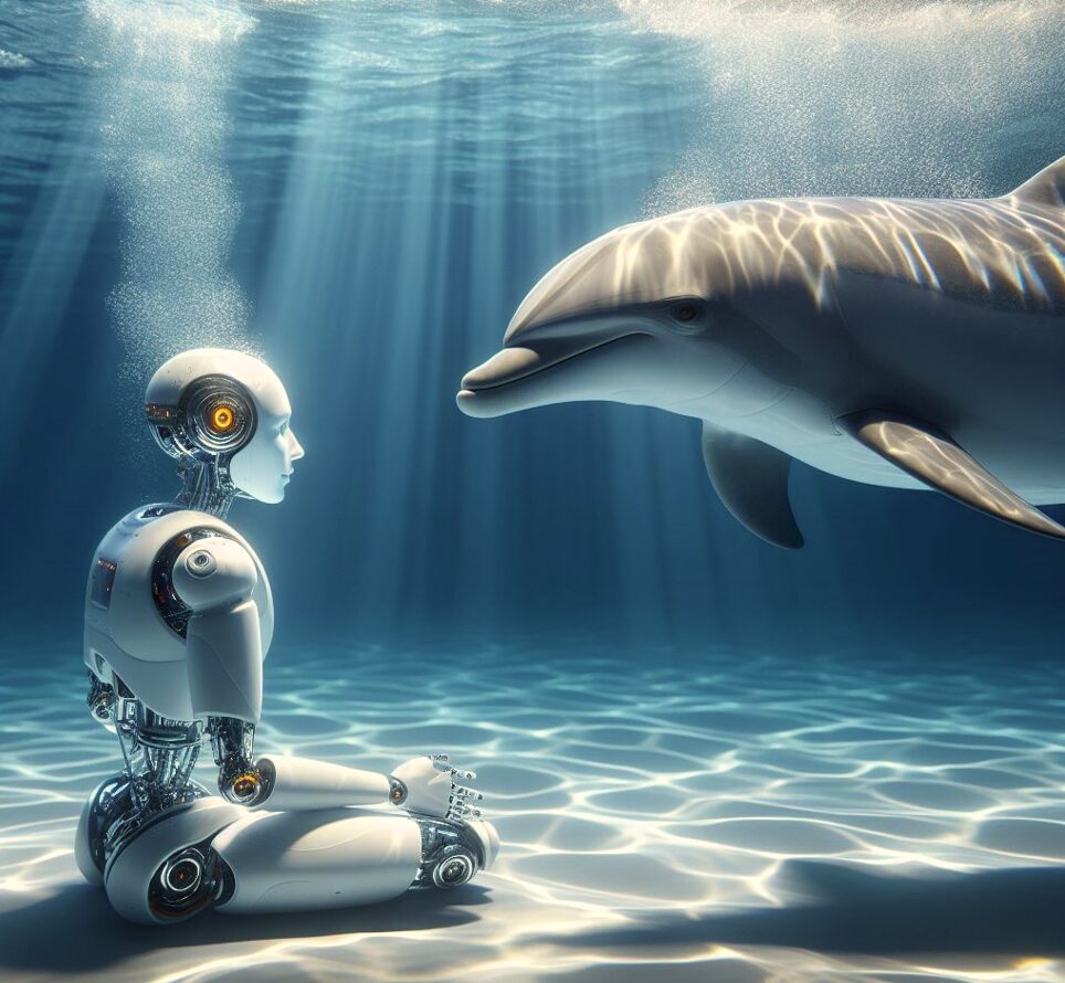 Imagem feita com IA de um robô sentado em frente a um golfinho no fundo do mar.