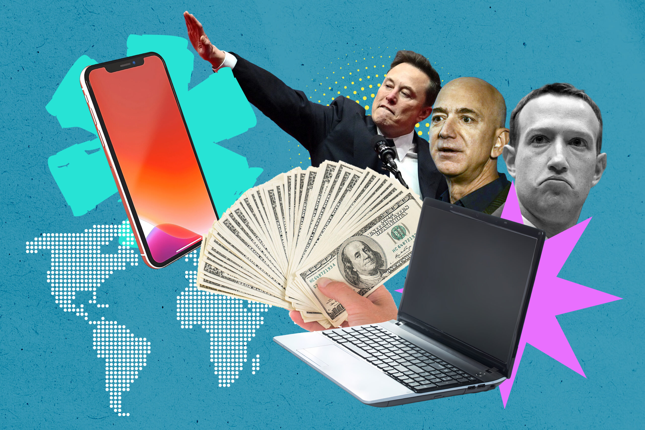 Fundo azul com o rosto de alguns dos homens por trás das big techs: Zuckerbeg, Musk e Bezos
