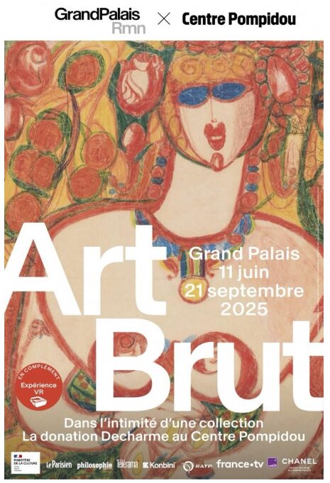 Art Brut: capa da exposição. Existe a arte de uma mulher, ao redor de rosas. A imagem não é denotativa.