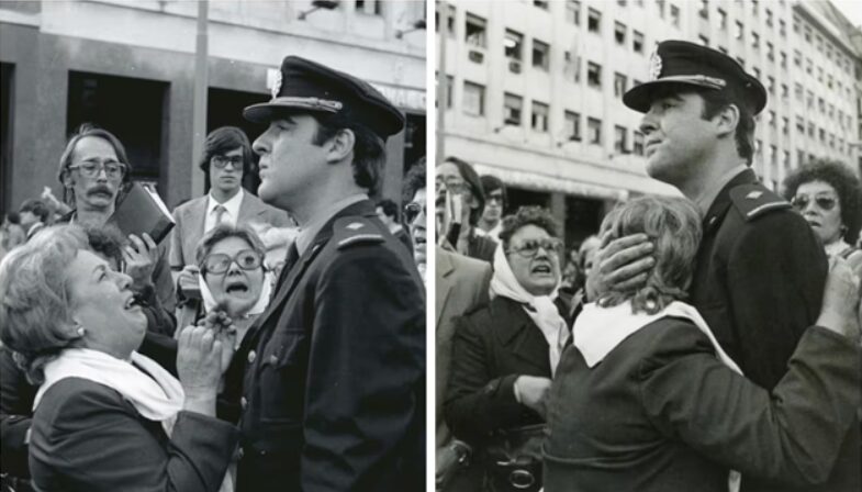 Comparativo entre duas fotos da relação entre as Mães da Praça de Maio e o Governo Autoritário