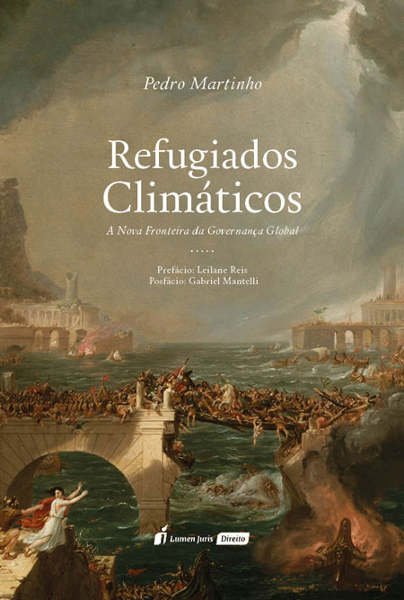 Capa do livro "Refugiados Climáticos: A Nova Fronteira da Governança Global". Existem pessoas caindo no mar.