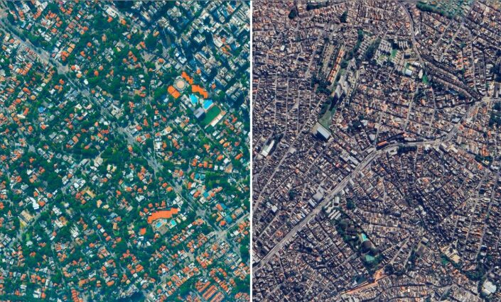 Imagem de satélite dos 'jardins': Jardim Europa e Jardim Impé; O Jardim Europa tem mais árvores.