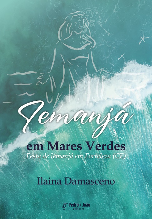 Capa do livro "Iemanjá em Mares Verdes", o fundo é o mar visto de cima em uma tonalidade esverdeada