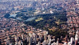 Vista aérea do Parque do Ibirapuera em São Paulo, em um domingo de Sol